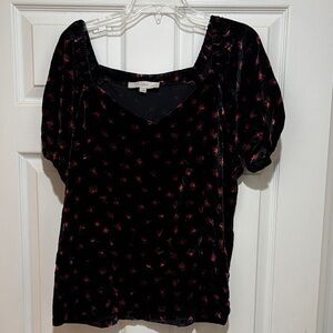 LOFT Black and Red Floral Velvet Blouse